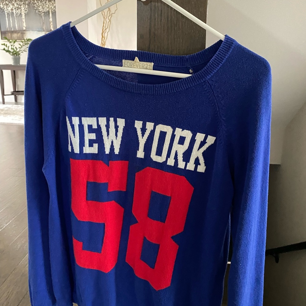 Forever 21 Royal Blue Crewneck Sweater with Red '58' and White 'New York'